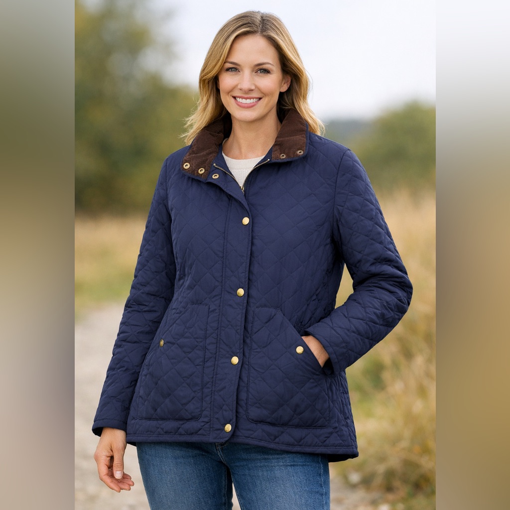 Lands' End Women's Quilted Blue Barn Jacket With Brown Collar Small